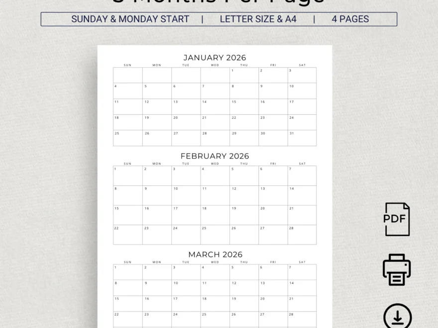 2026 Calendar 2026 3 Months Per Page Calendar Monthly Calendar Planner Printable Quarterly Office Planner 2026 Desk Planner Wall Calendar Etsy