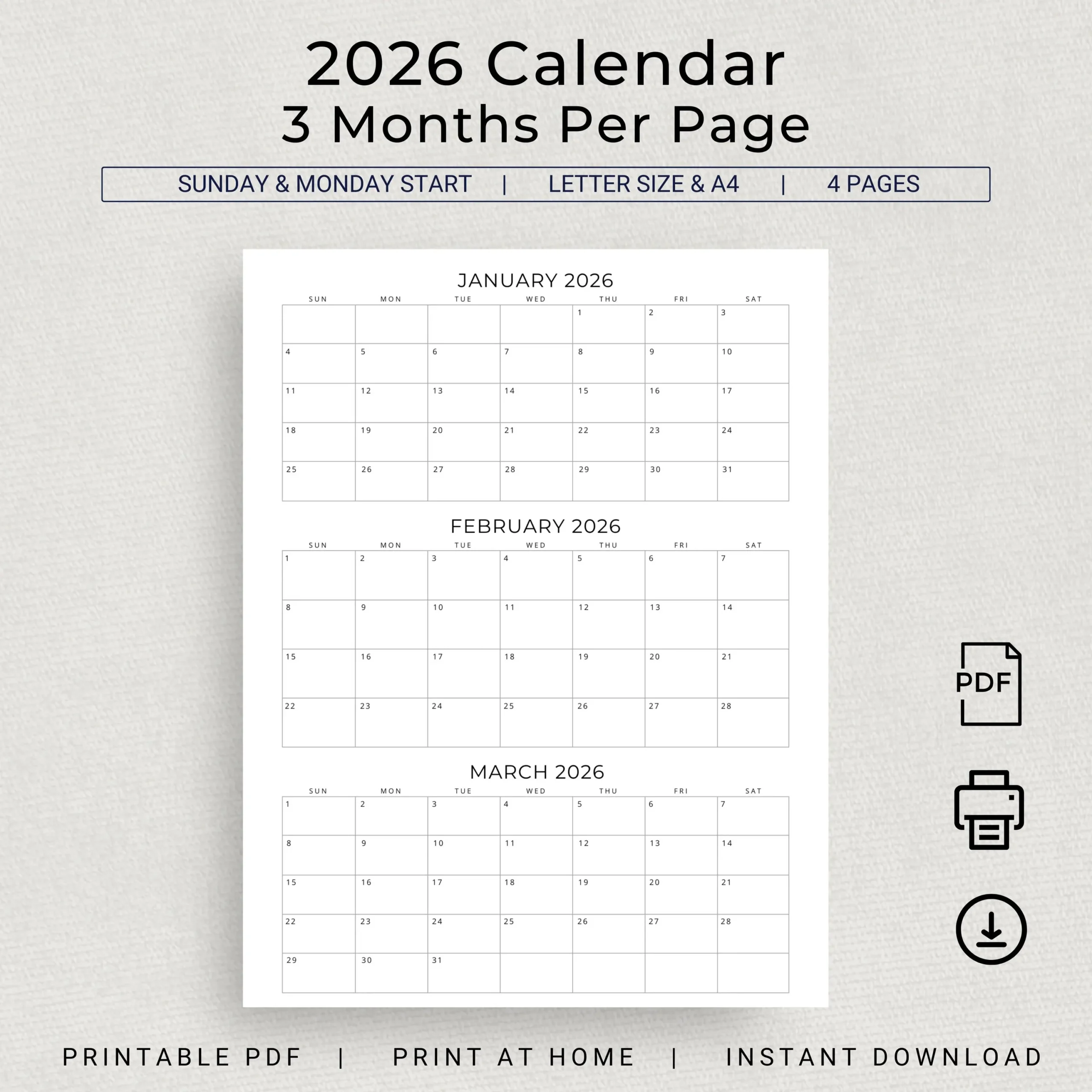 2026 Calendar 2026 3 Months Per Page Calendar Monthly Calendar Planner Printable Quarterly Office Planner 2026 Desk Planner Wall Calendar Etsy