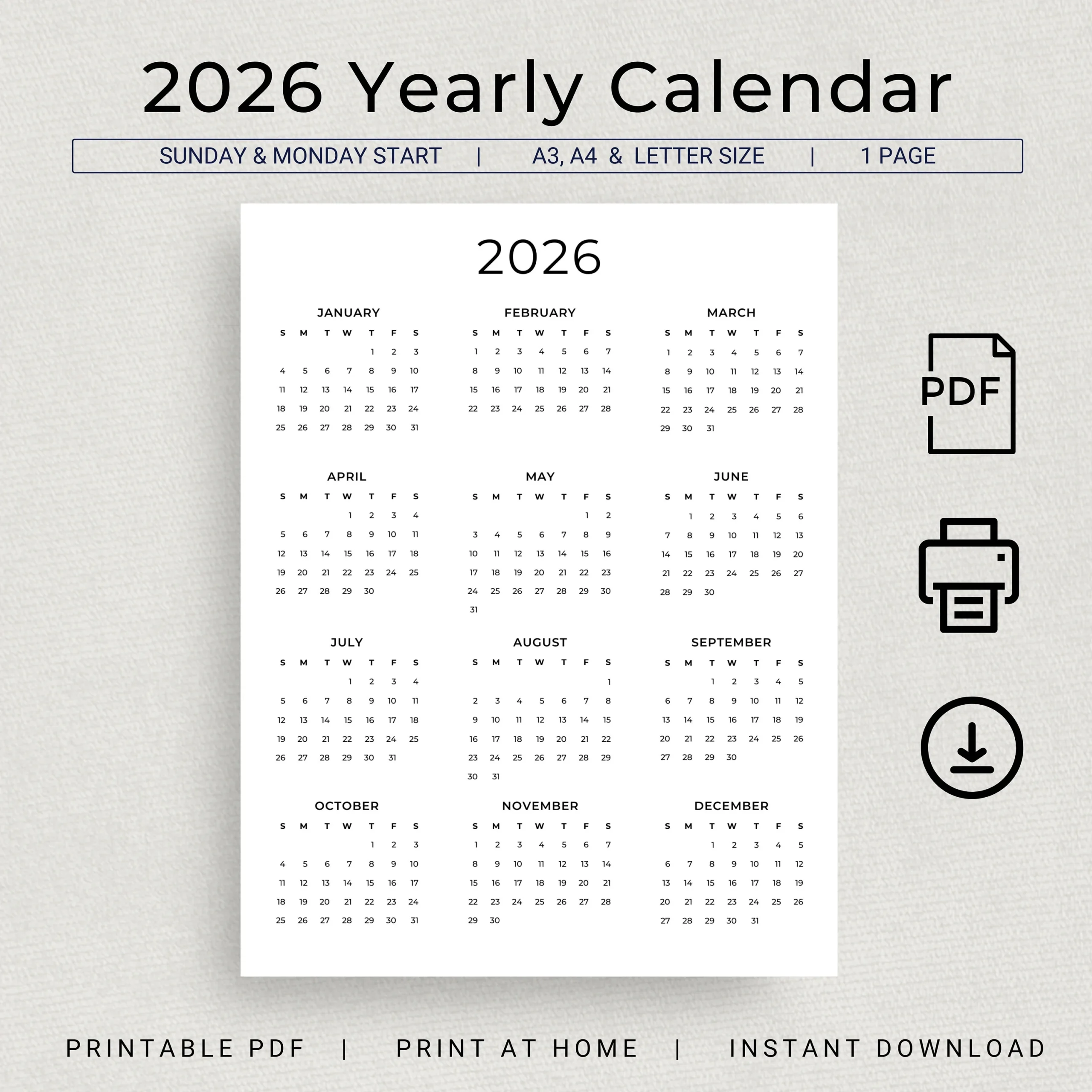 Printable Mini Wall Calendar 2026