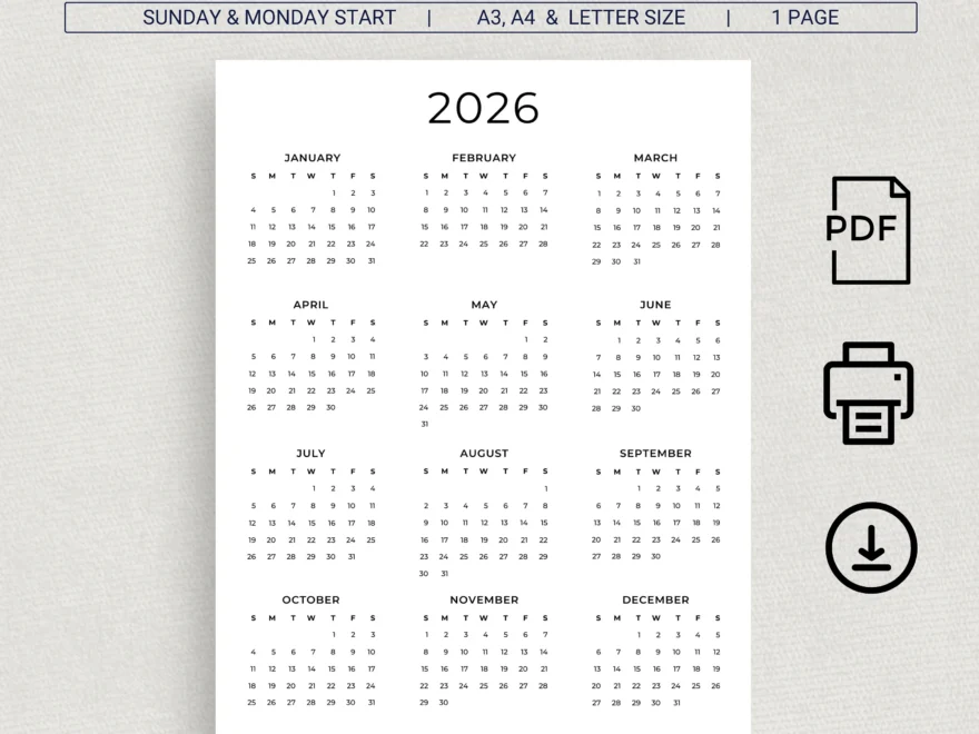 2026 Calendar 2026 Yearly Calendar Printable 2026 Wall Calendar 2026 Year At A Glance Minimalist Calendar A3 A4 Letter Monday Sunday Start Etsy