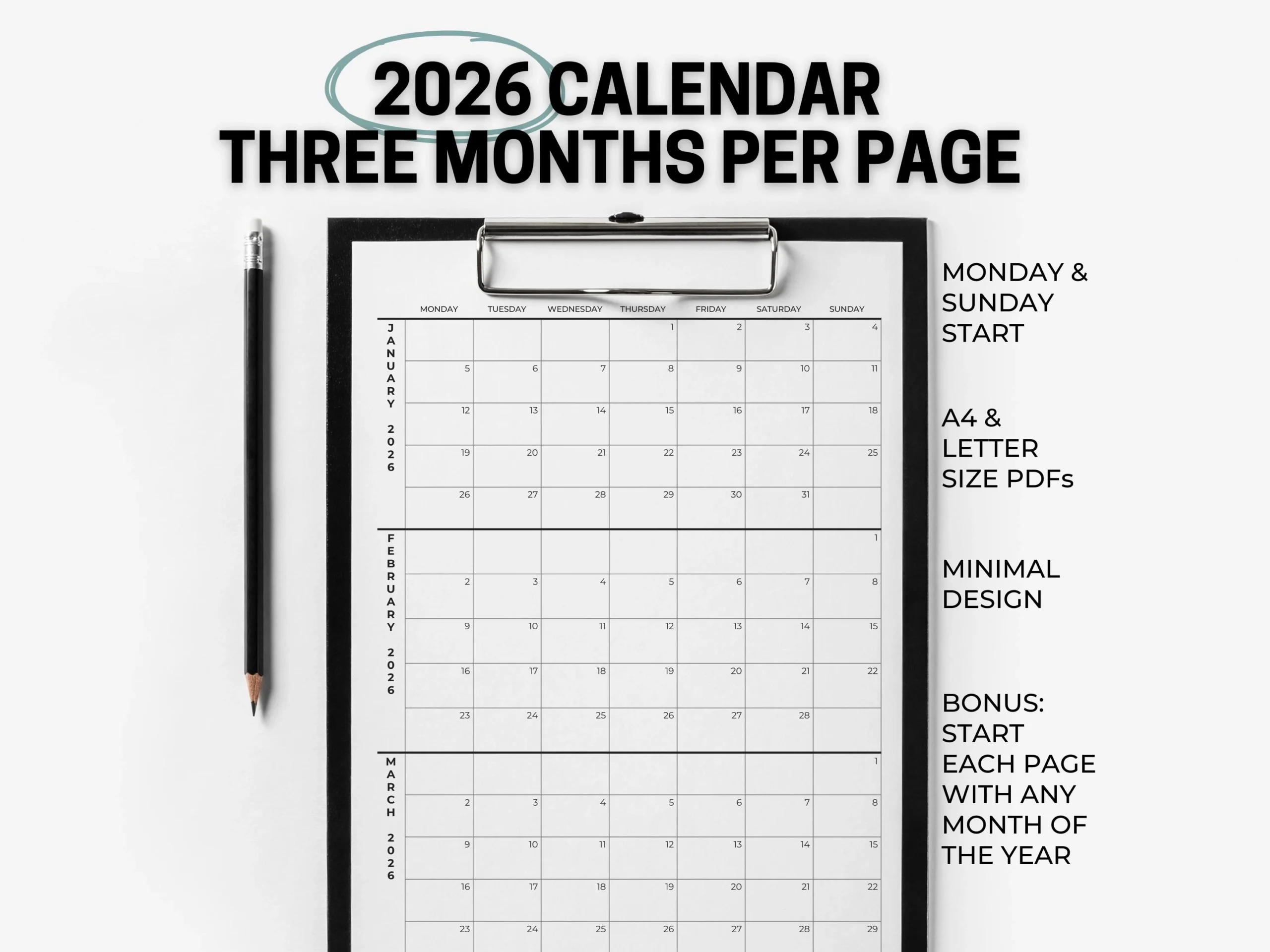 3 Month Calendar 2026 Printable