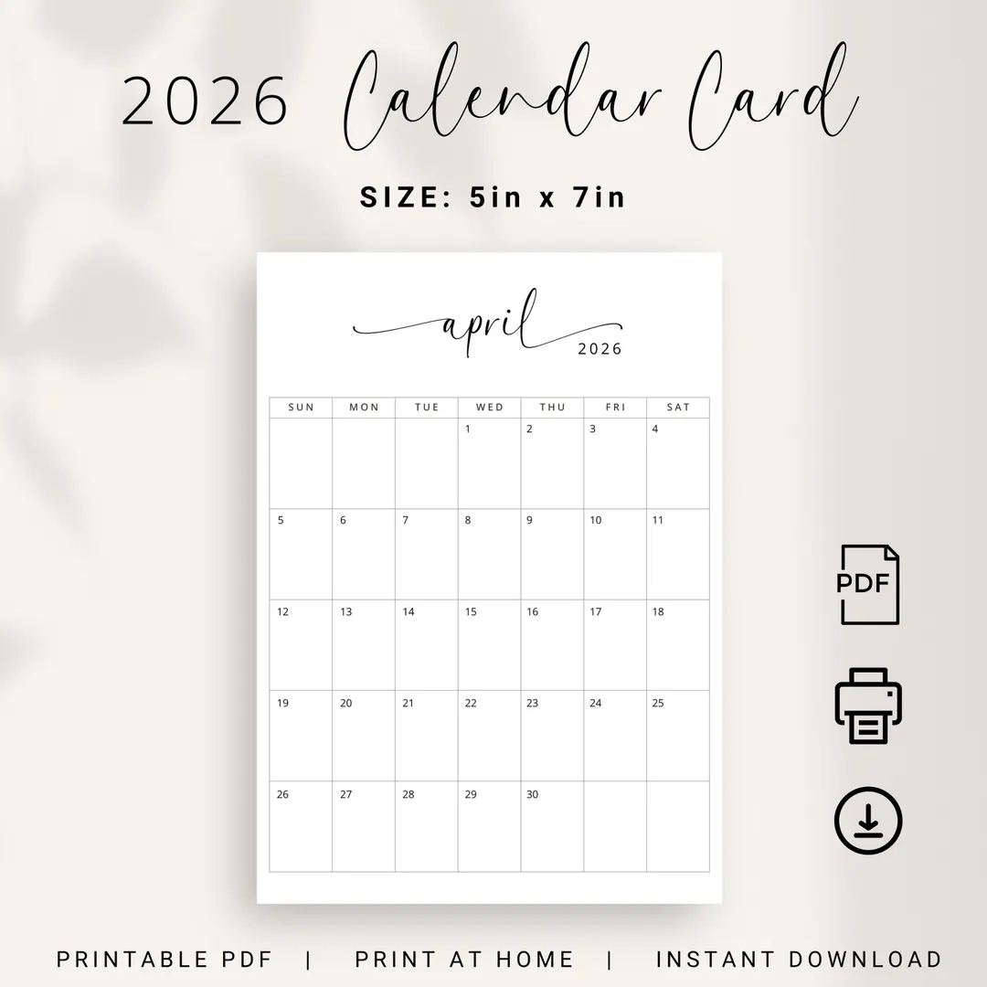2026 Calendar 5x7 Inch 2026 Small Calendar Card PRINTABLE Elegant Instant Download 2026 Monthly Planner 5x7 Inch Print At Home Calendar 2026 Etsy