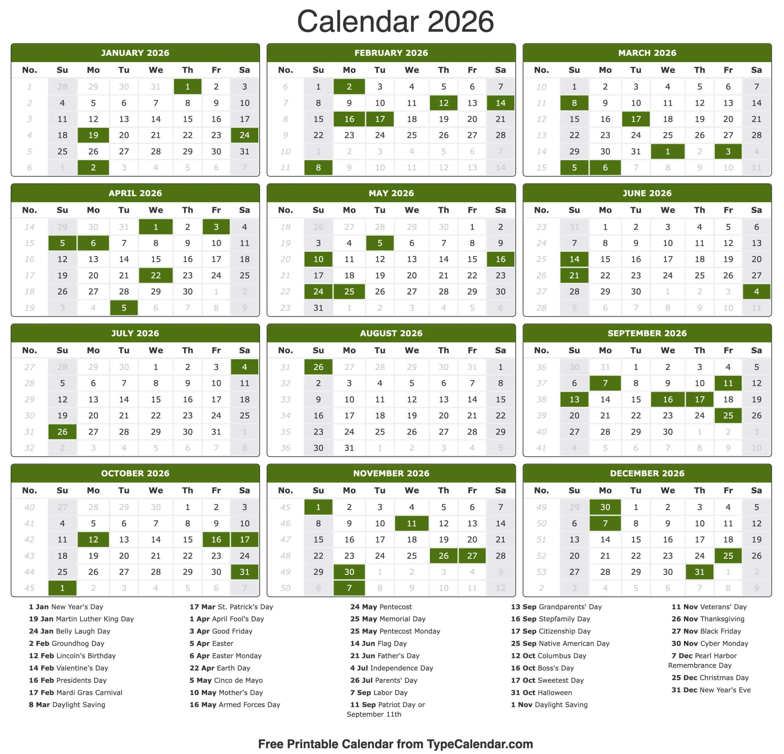Gregorian Calendar 2026 Holidays