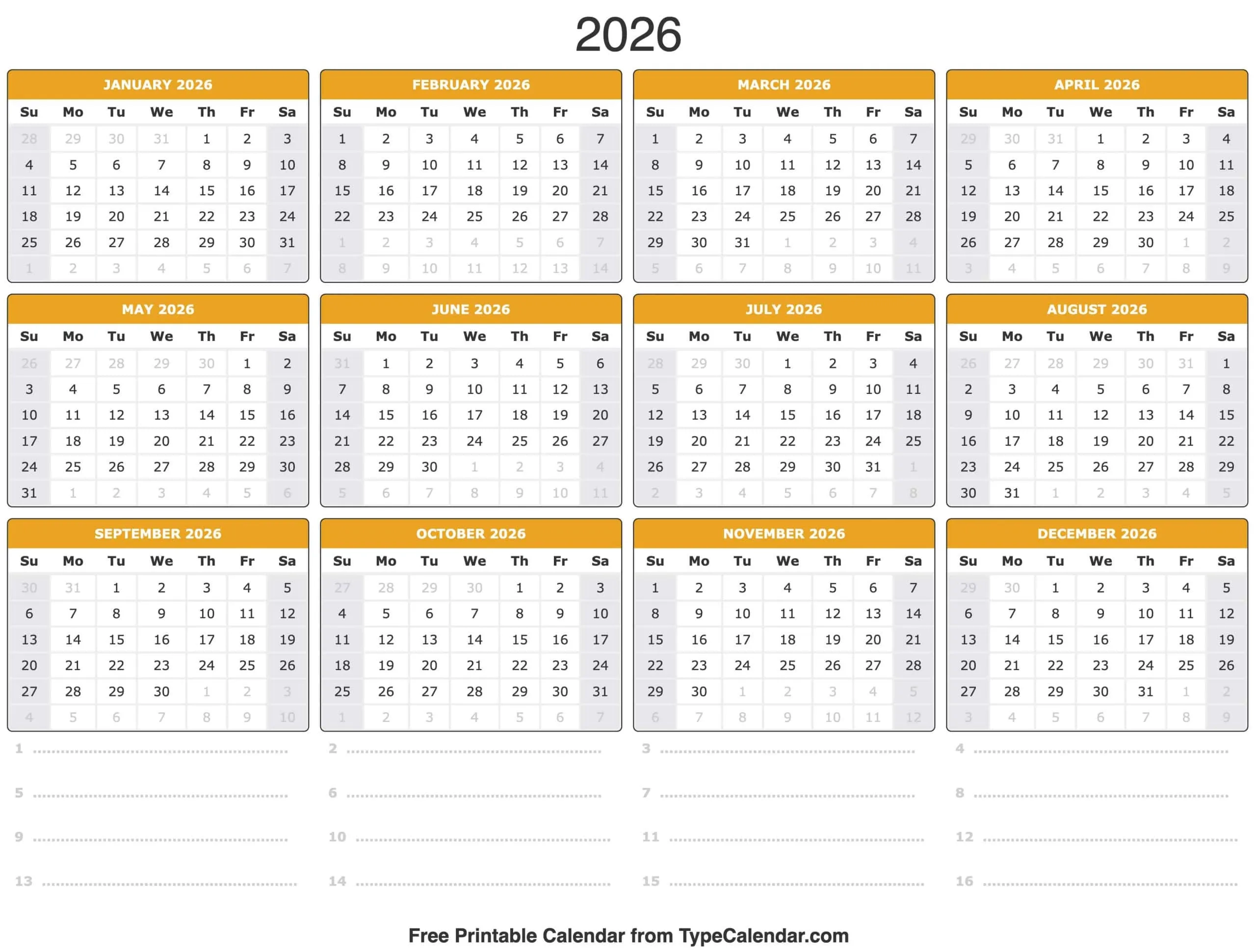 Gregorian Calendar Chart 2026