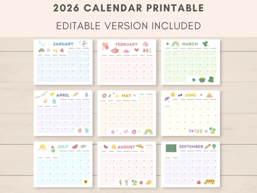 2026 Calendar Printable Kids Calendar 2026 Printable Calendar Editable Calendar 2026 Calendar Academic Calendar Kids Monthly Planner Etsy