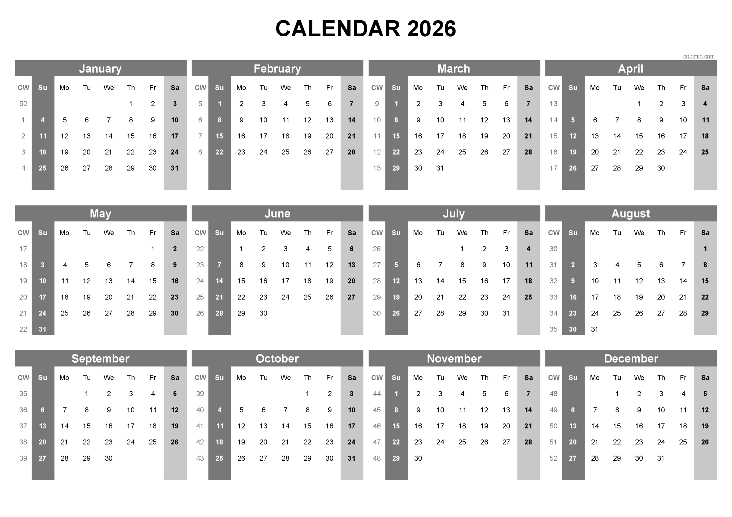 2026 Calendar Printable PDF Excel And Image File Free Download Easy To Print Annual Calendars