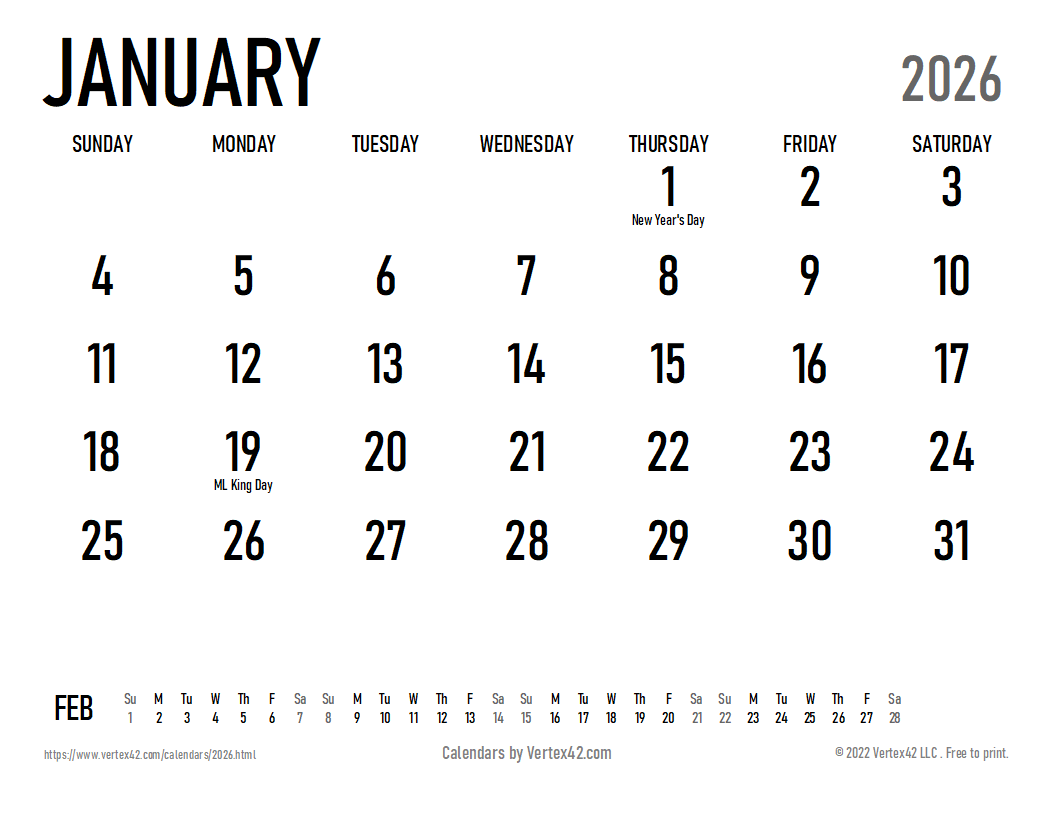 Large Printable Monthly Calendar 2026