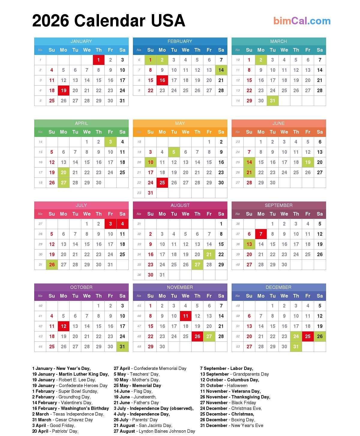 2026 Calendar Printable With Holidays Usa
