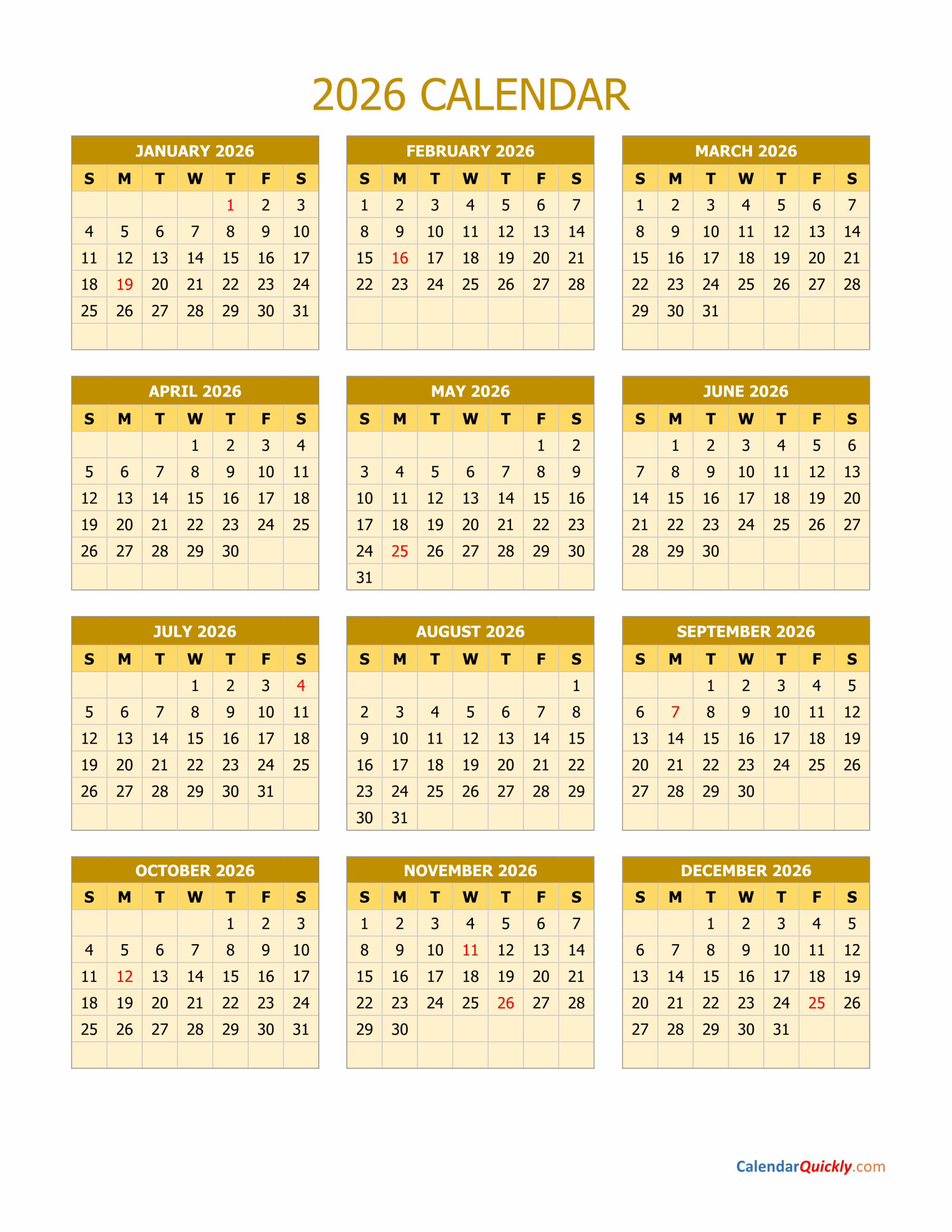 Printable 2026 Calendar Columns