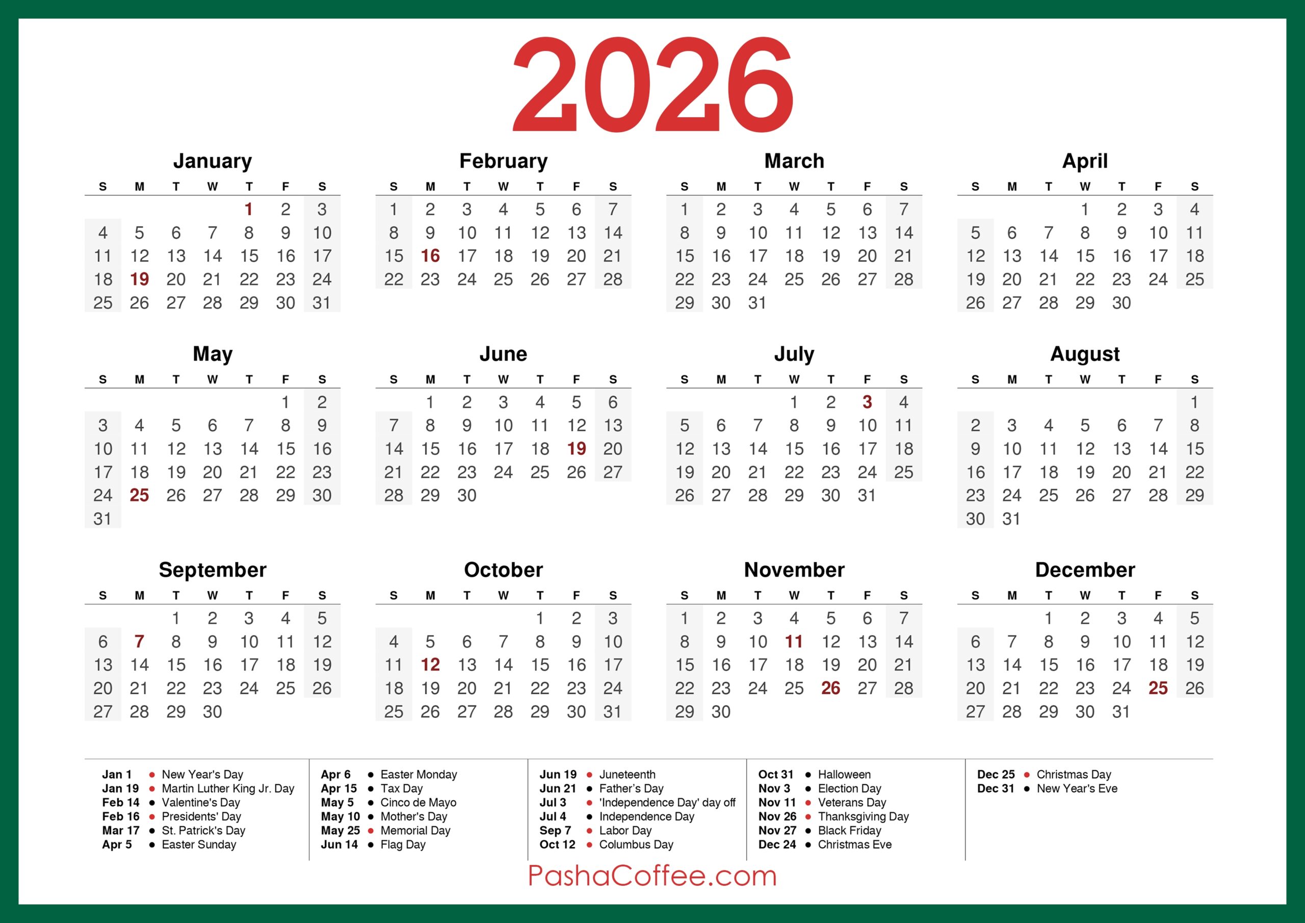 Desk Calendar 2026 Printable With Holidays