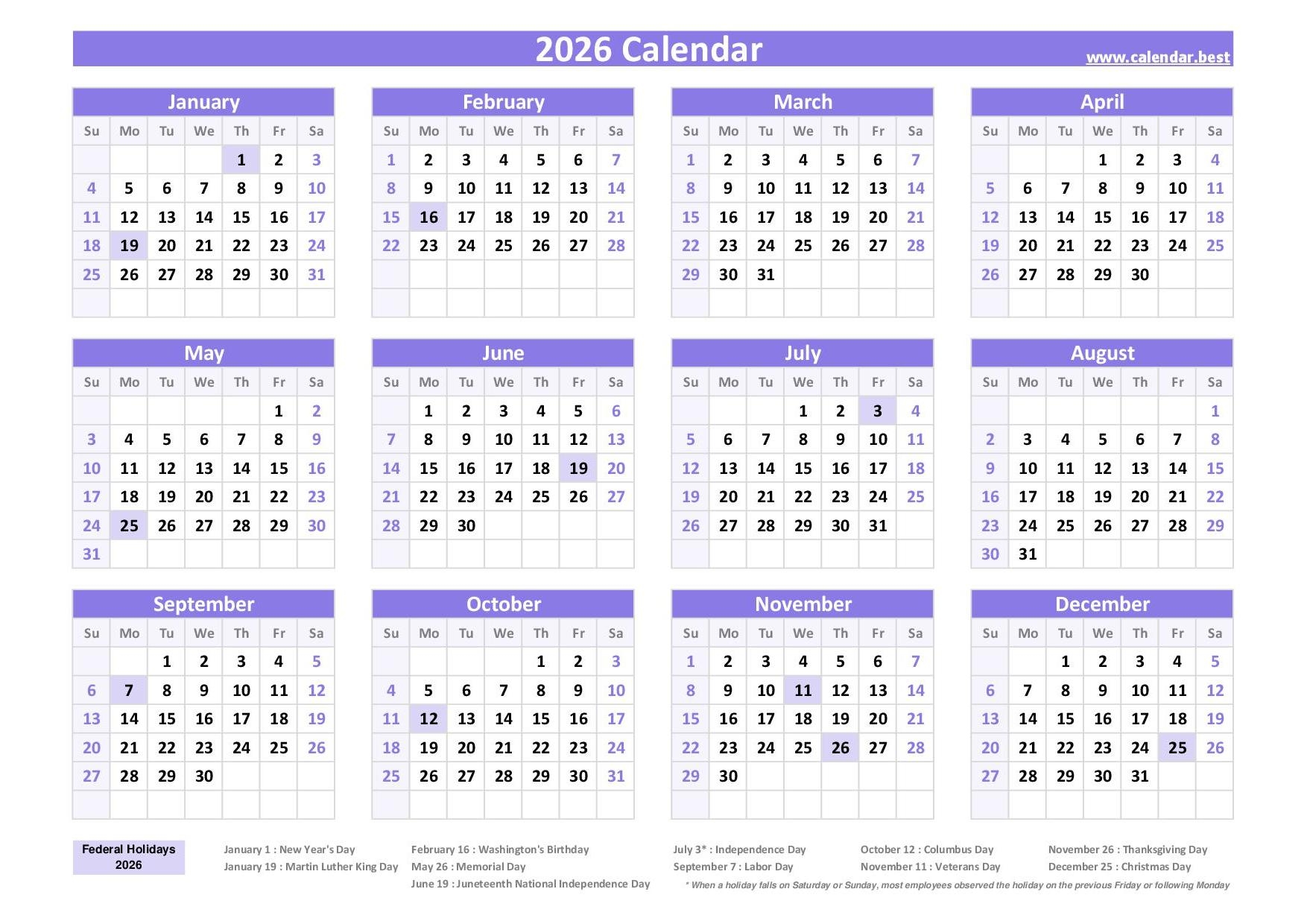 Printable Holiday Calendar 2026