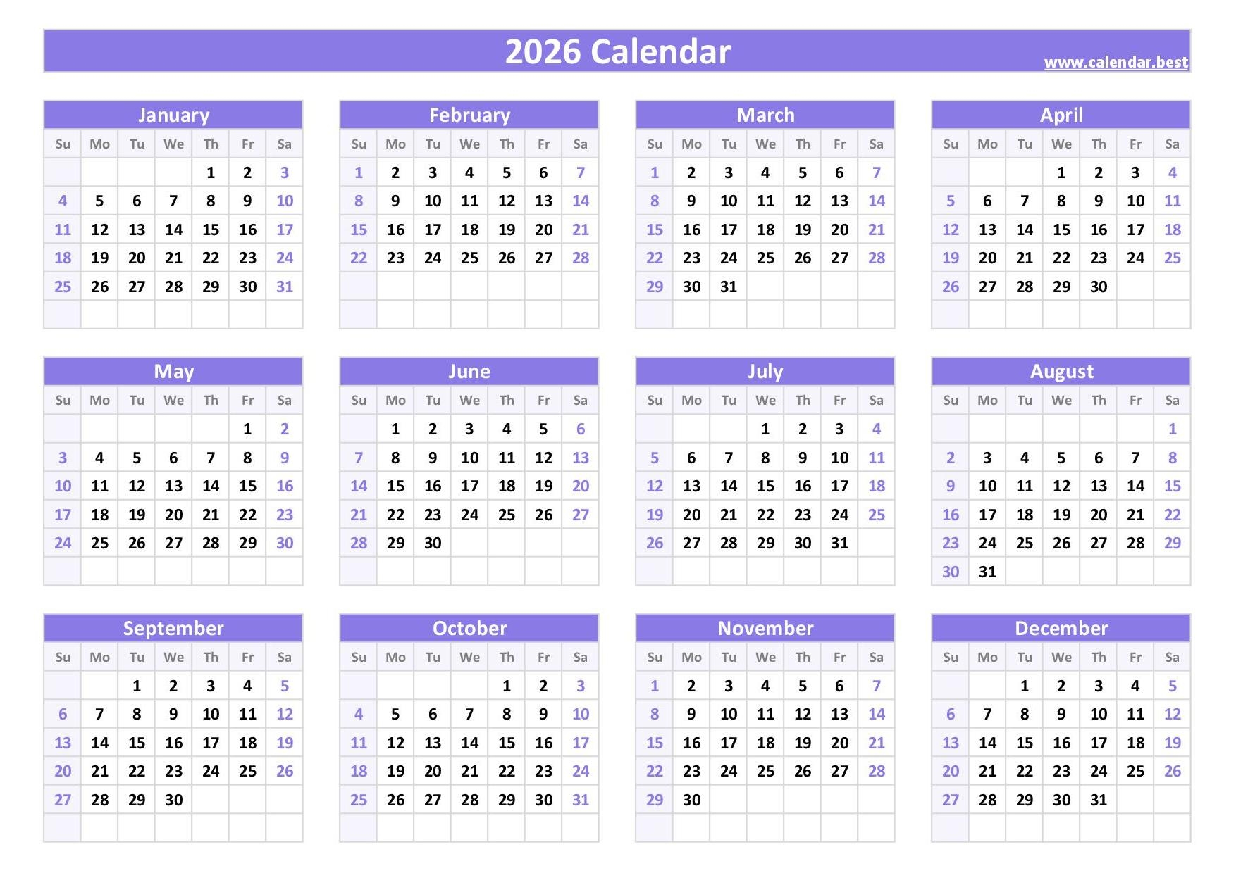 Half Page Printable Calendar 2026