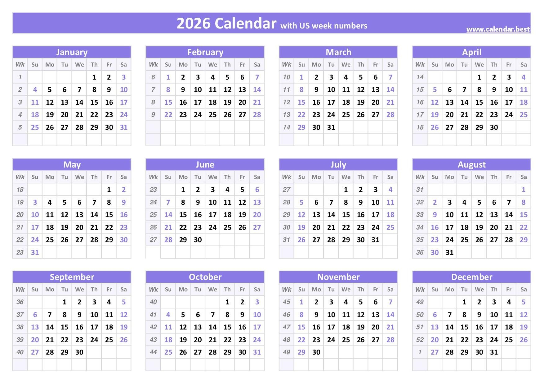 Printable Calendar Weekly 2026