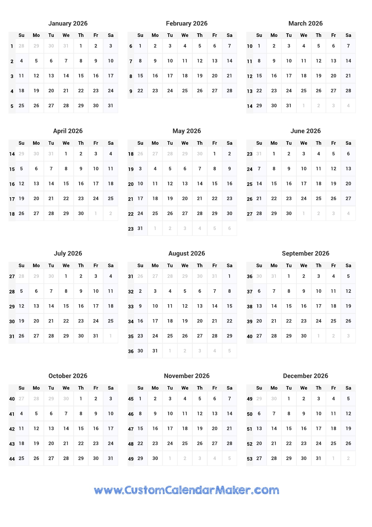 2026 Calendar With Week Numbers Printable