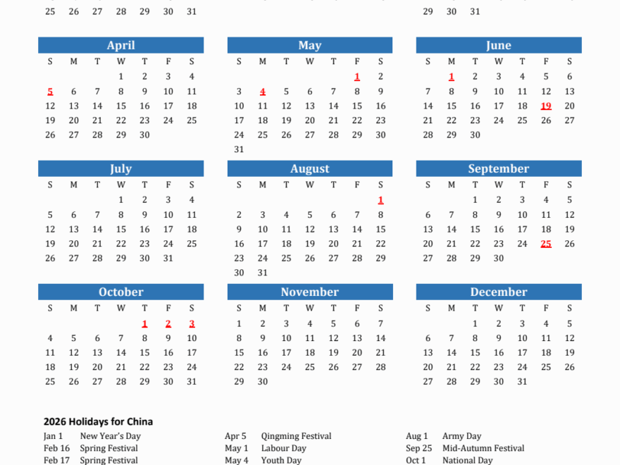 2026 China Calendar With Holidays