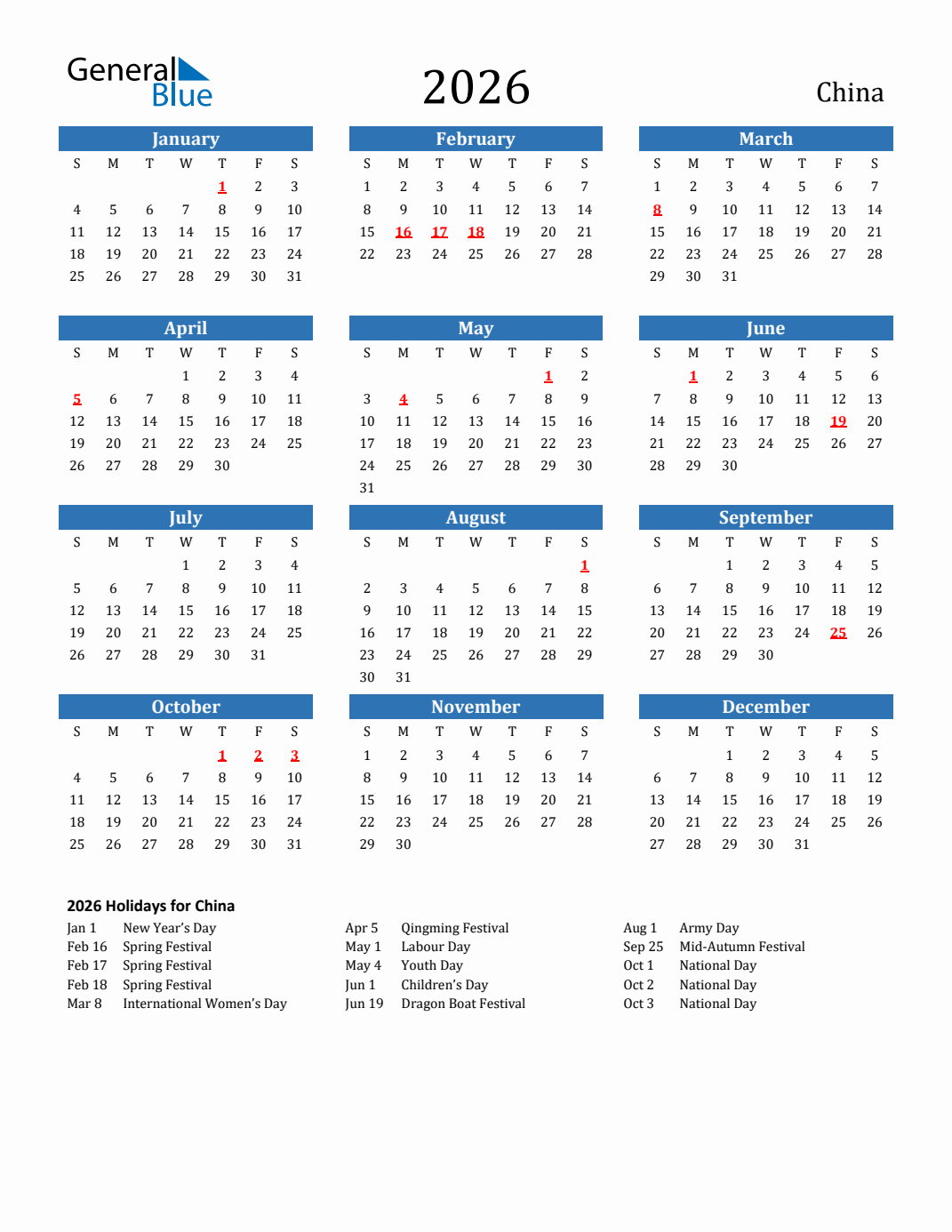 2026 Chinese Gregorian Calendar