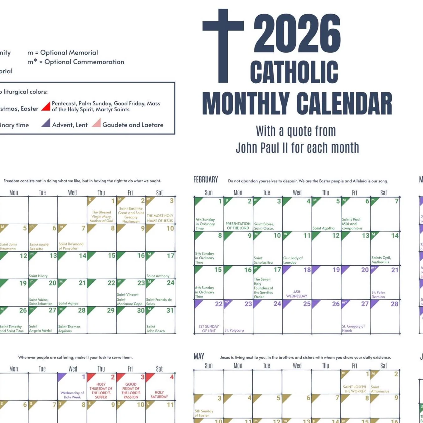 Catholic Liturgical Calendar 2026 Printable