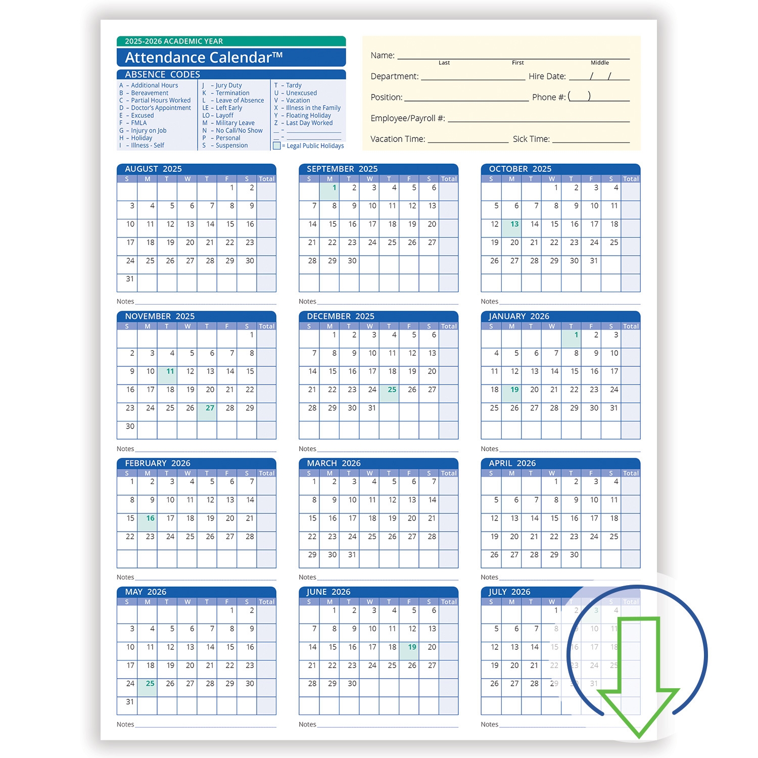 2026 Attendance Calendar Printable Free