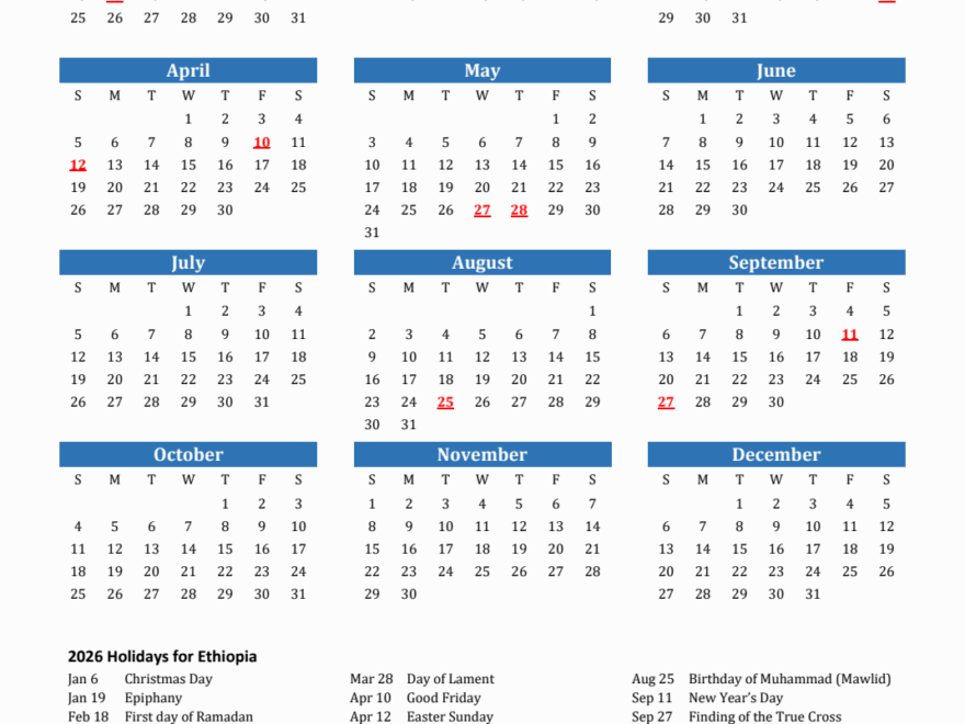2026 Ethiopia Calendar With Holidays