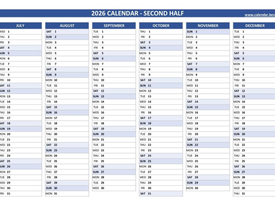 2026 Half Year Calendar To Print