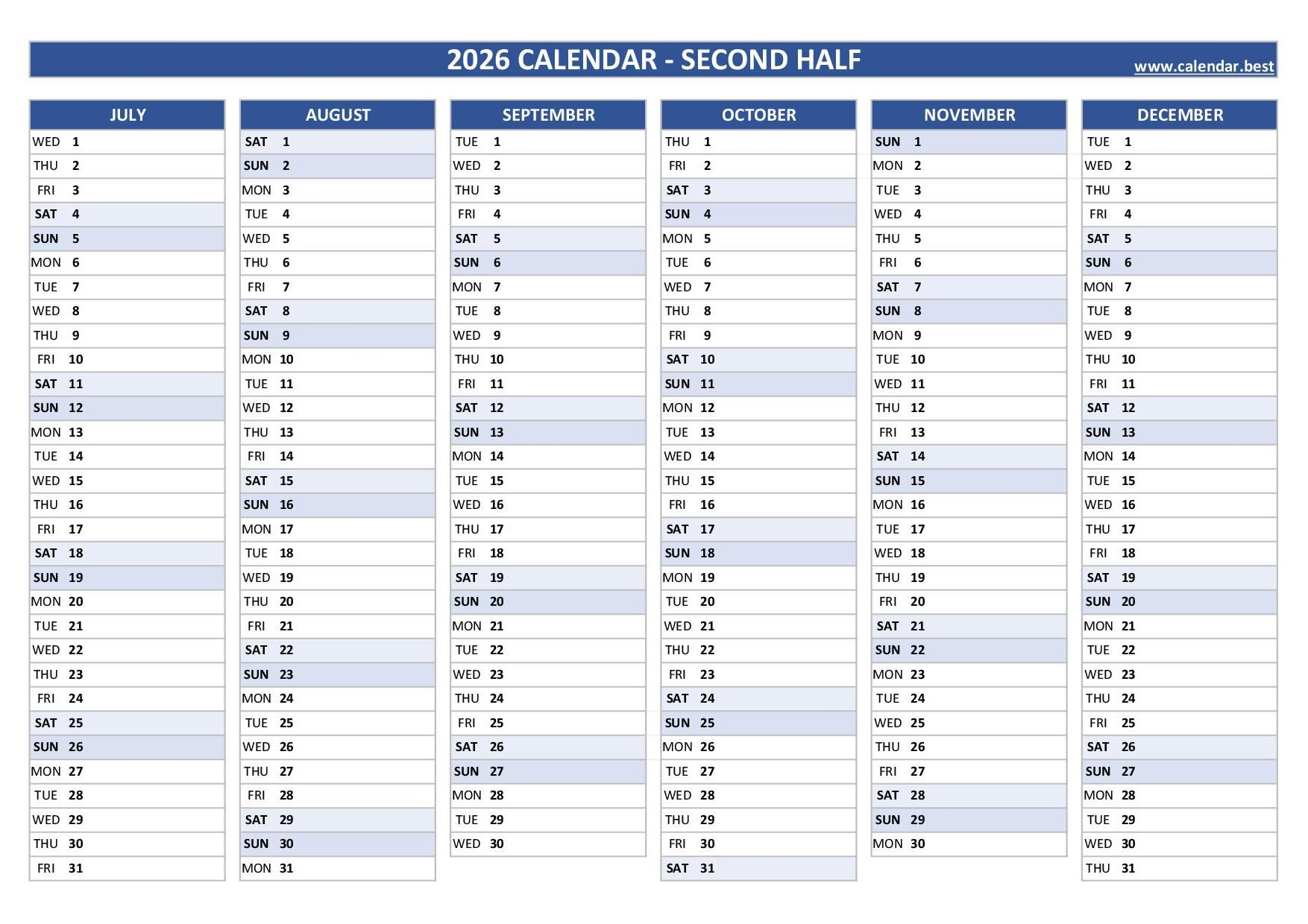 2026 Half Year Calendar To Print