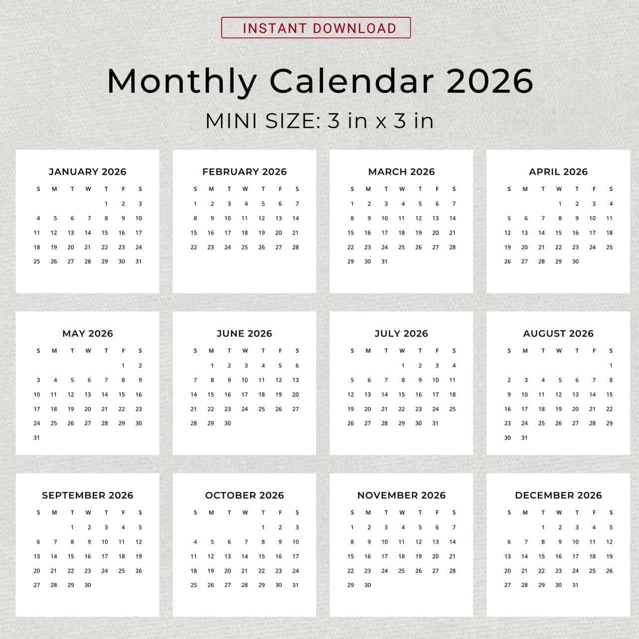 Printable Small Calendar 2026