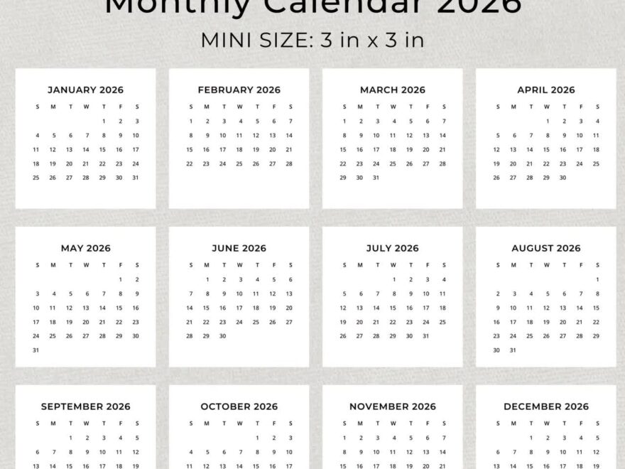 2026 Mini Calendar 2026 Small Calendar Printable 2026 Minimalist Calendar 3x3 Inch Square Calendar 2026 Pocket Calendar Desk Calendar DIY Etsy Israel