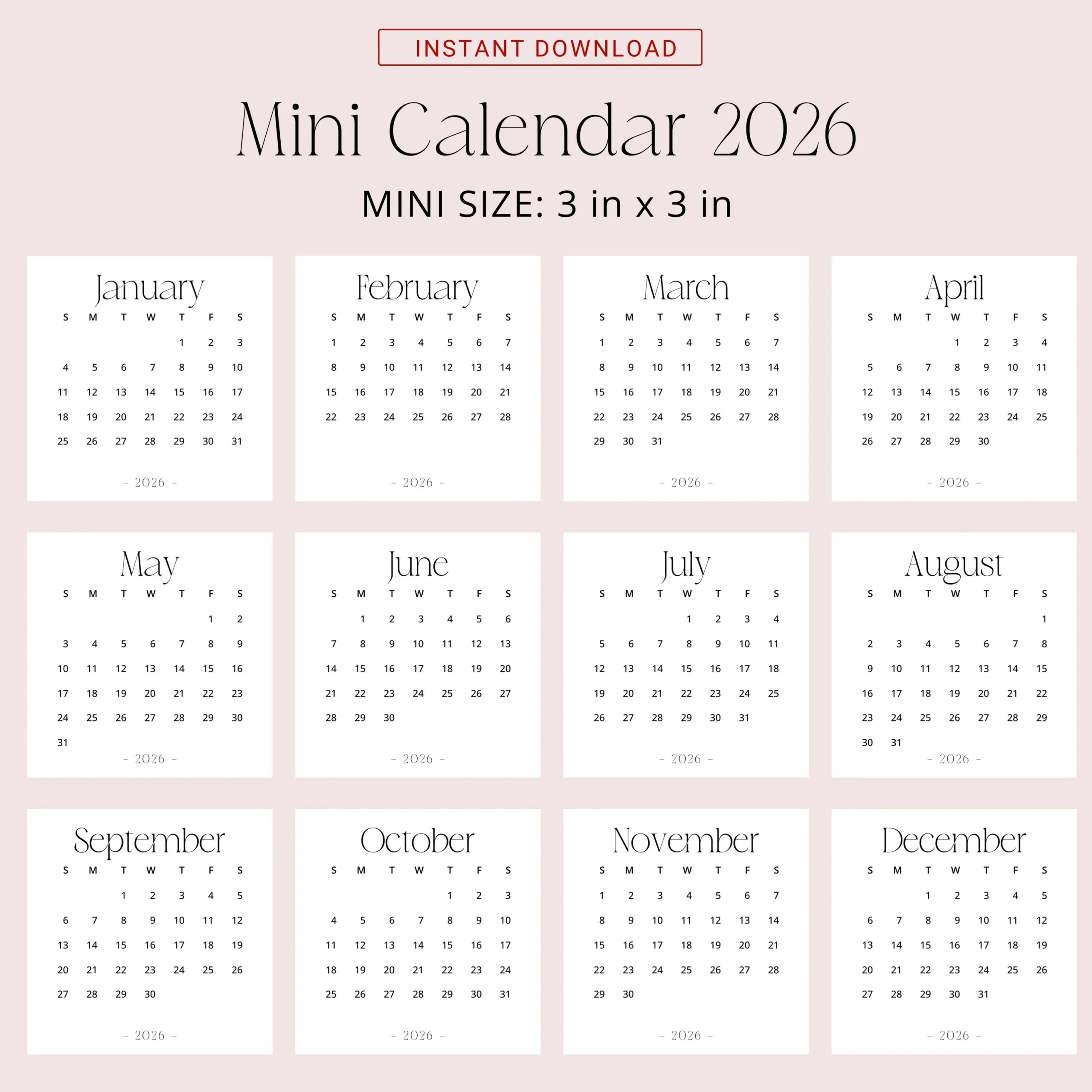 Mini 2026 Calendar Printable