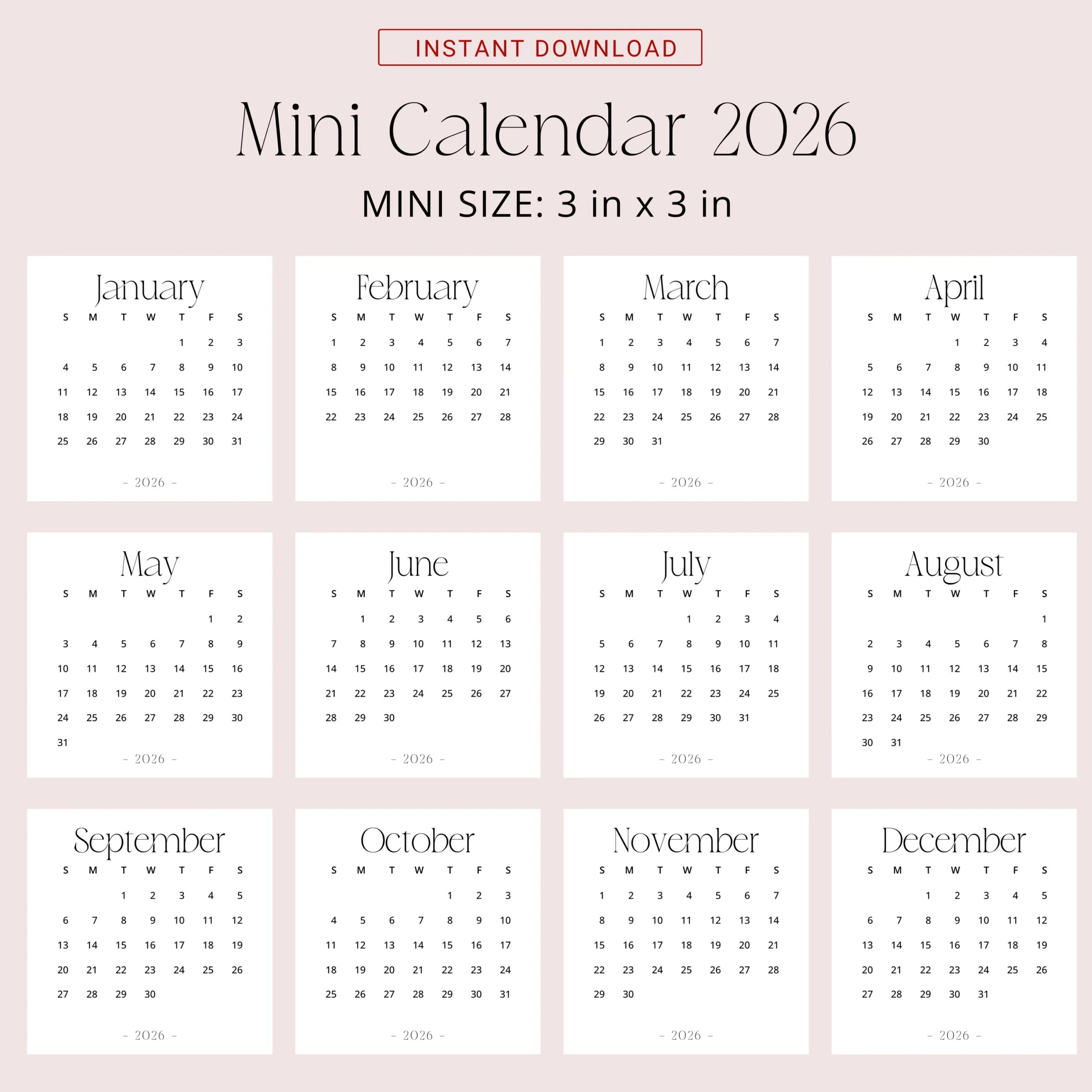 2026 Mini Calendar 3x3 2026 Calendar Small PRINTABLE PDF 2026 Calendar Square 3x3 Inch Stylish Mini Desk Calendar 2026 Sunday Monday Start Etsy Canada