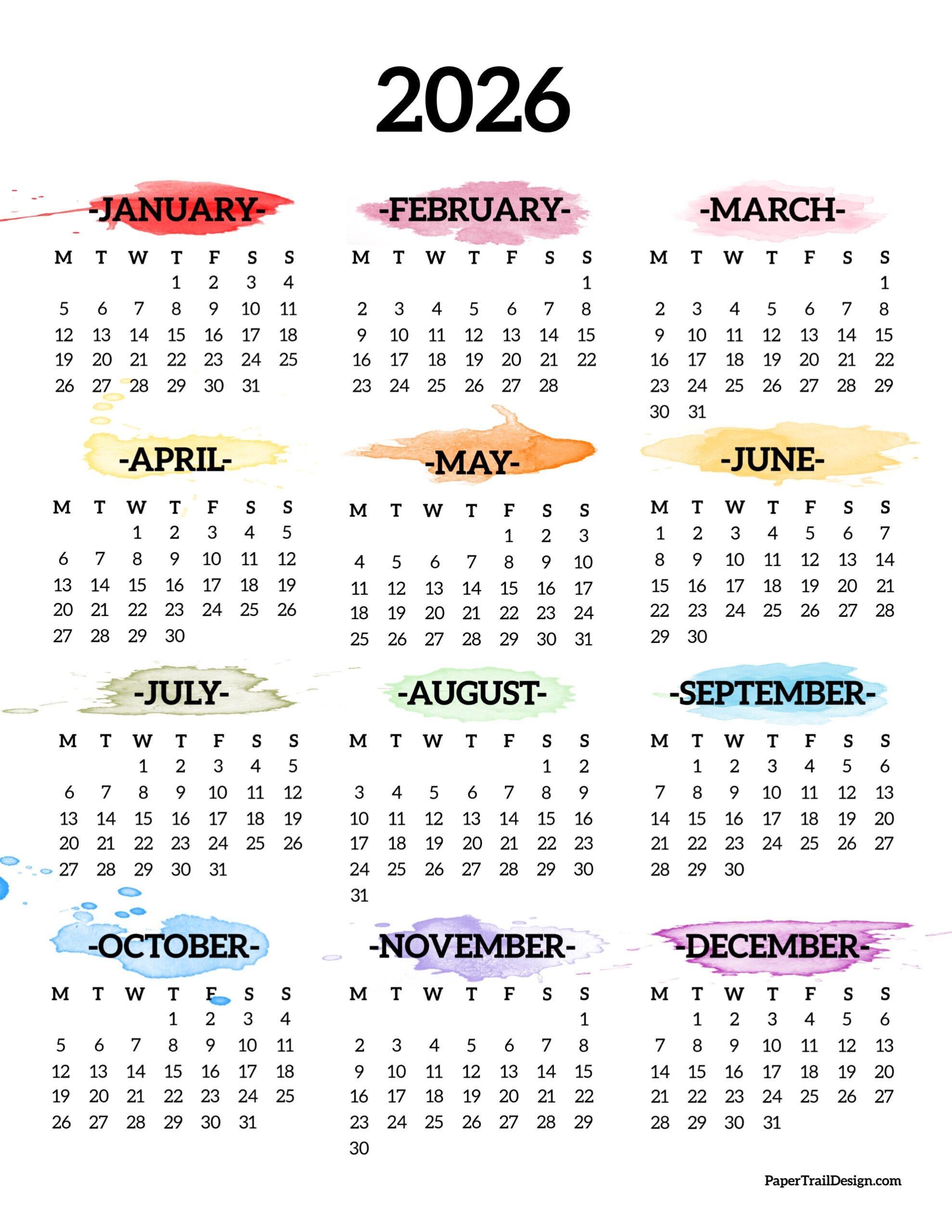 2026 Calendar Printable Start Monday