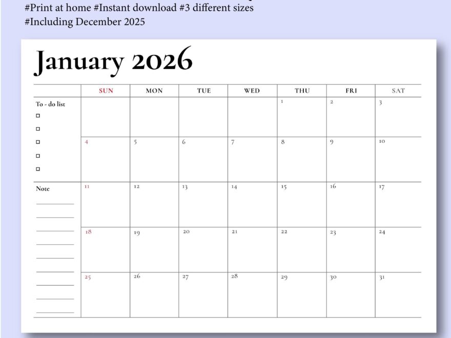 2026 Monthly Calendar Print At Home Printable 2026 Monthly Calendar PDF Download A4 A3 Letter Size Classic Design NOTES Etsy