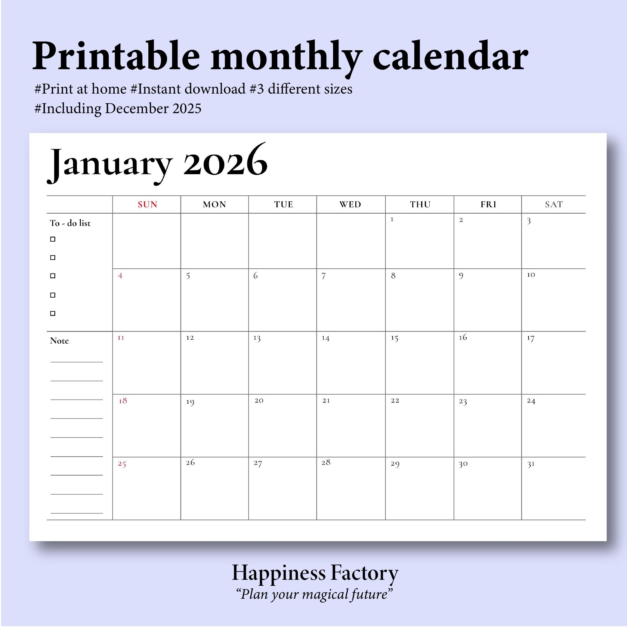 2026 Monthly Calendar Print At Home Printable 2026 Monthly Calendar PDF Download A4 A3 Letter Size Classic Design NOTES Etsy