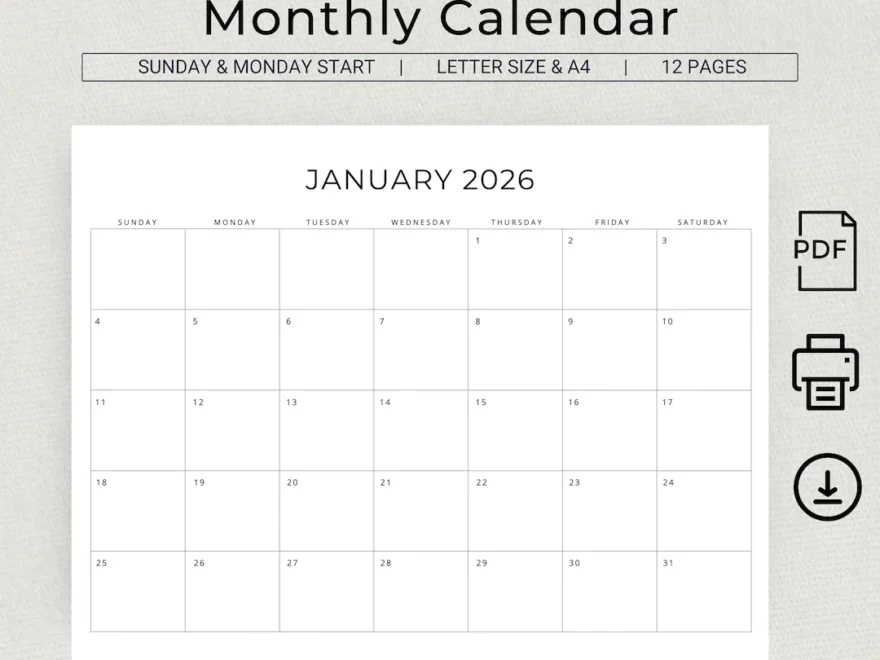 2026 Monthly Calendar PRINTABLE 2026 Monthly Planner Landscape 2026 Minimal Calendar A4 Letter Size Sunday Monday Start PDF Download Etsy