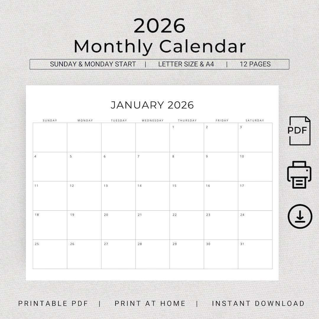 2026 Monthly Calendar PRINTABLE 2026 Monthly Planner Landscape 2026 Minimal Calendar A4 Letter Size Sunday Monday Start PDF Download Etsy