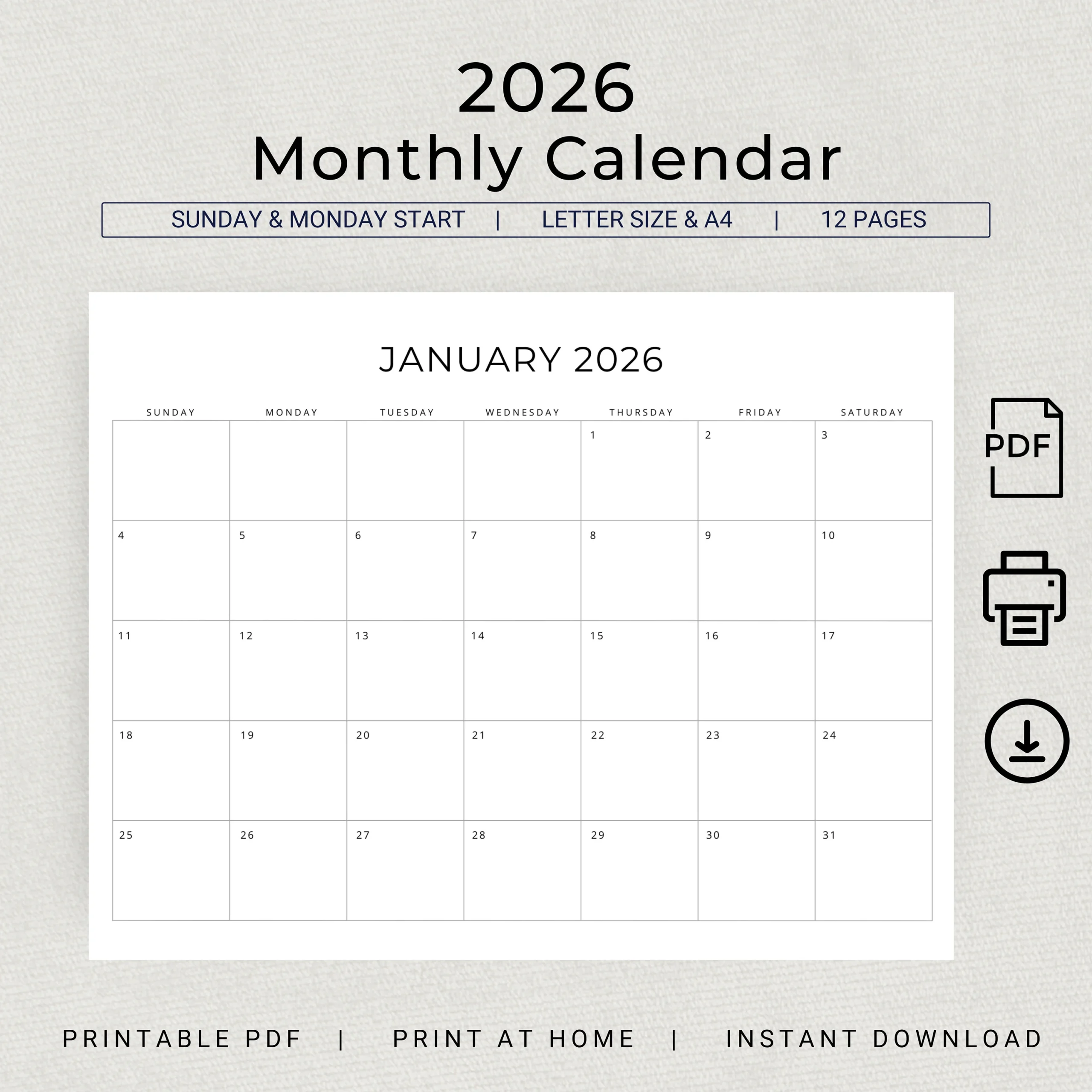 Monthly Printable Calendar 2026