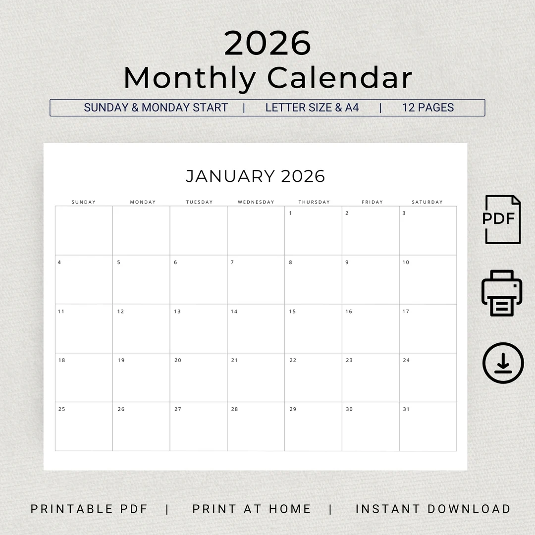 2026 Monthly Calendar PRINTABLE 2026 Monthly Planner Landscape 2026 Minimal Calendar A4 Letter Size Sunday Monday Start PDF Download Etsy