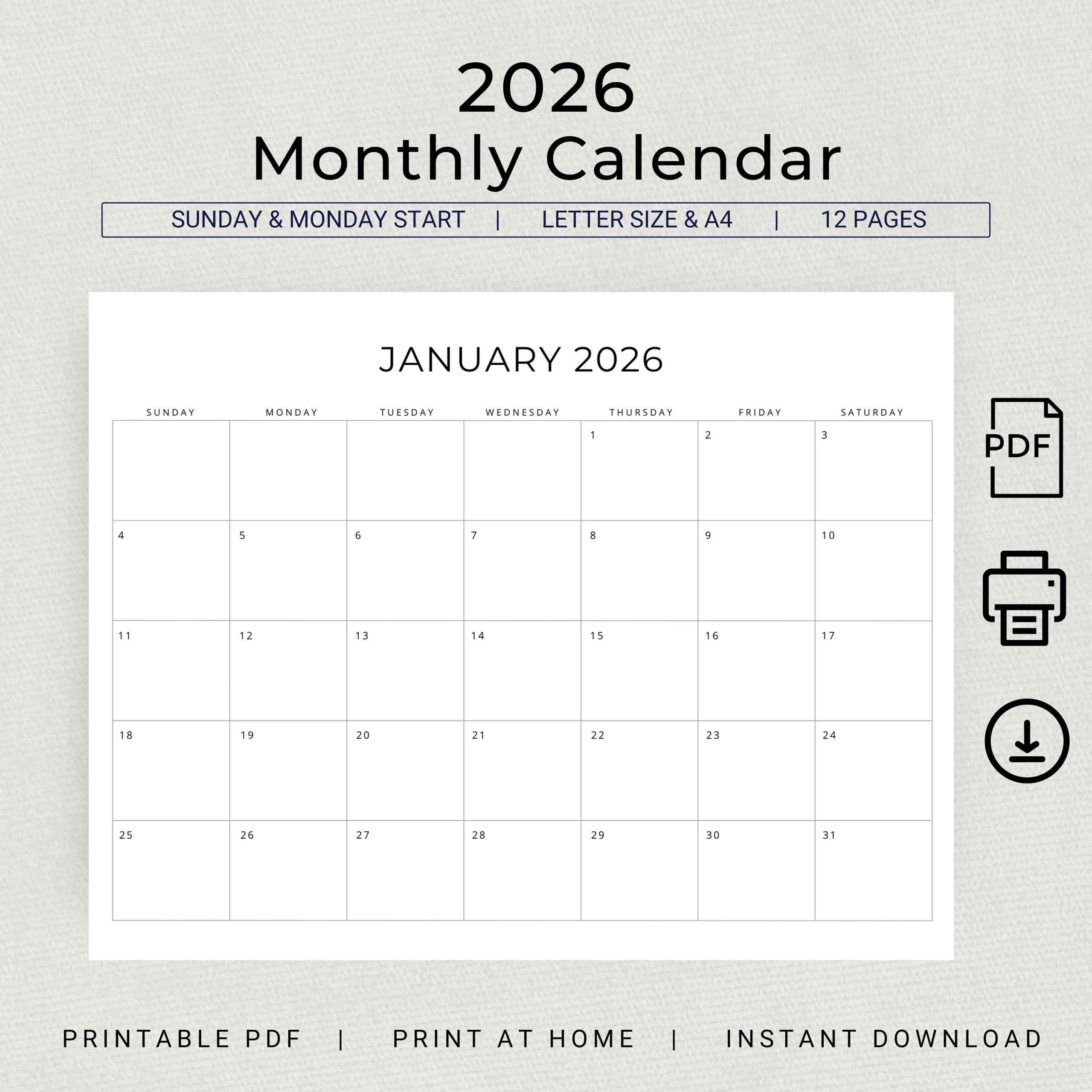 2026 Printable Calendar Minimalist