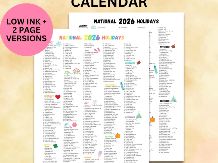 2026 National Holidays Calendar Printable Funny Holiday List Wacky Holidays To Celebrate National Days 2026 Homeschool Print Teacher Day Etsy
