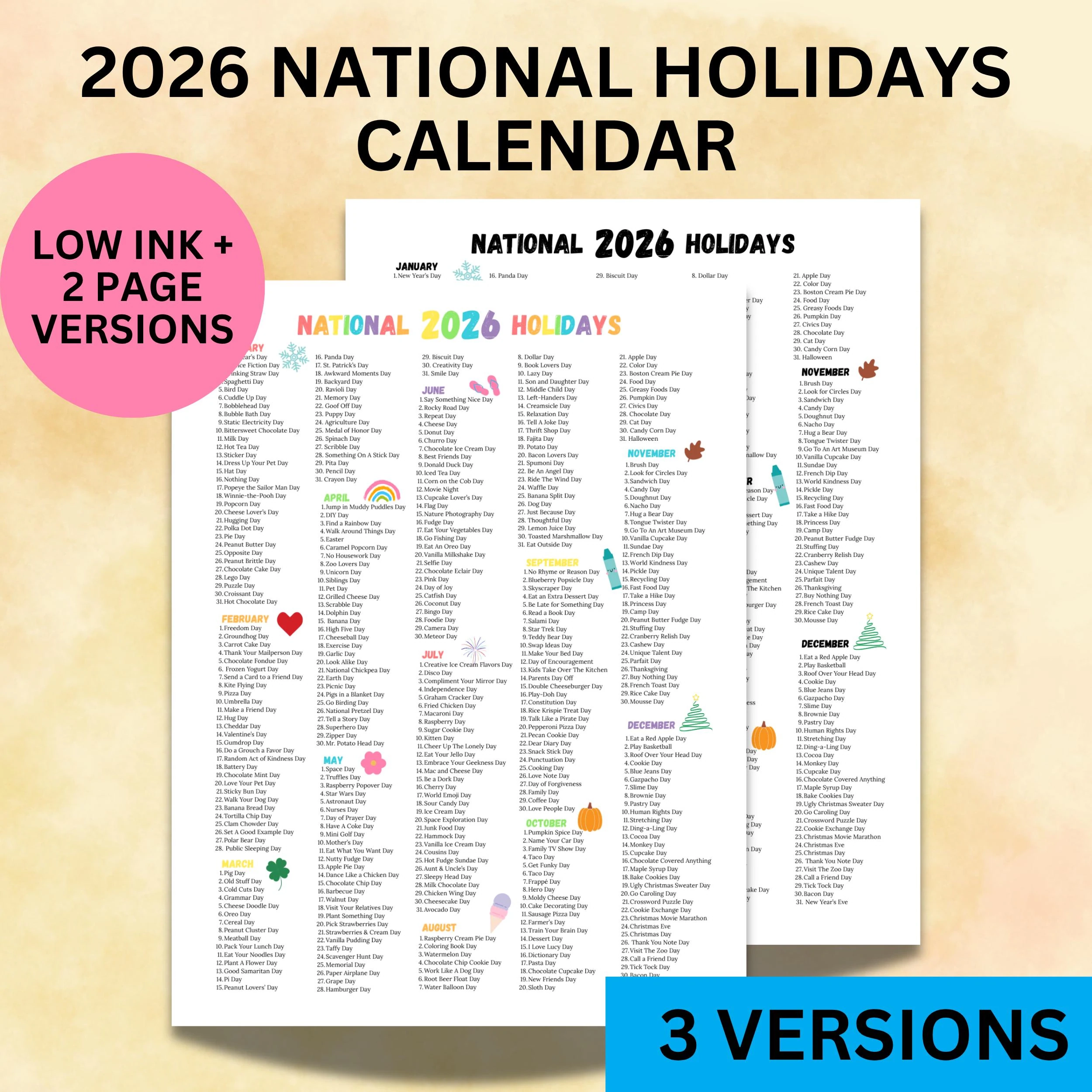 2026 National Holidays Calendar Printable Funny Holiday List Wacky Holidays To Celebrate National Days 2026 Homeschool Print Teacher Day Etsy