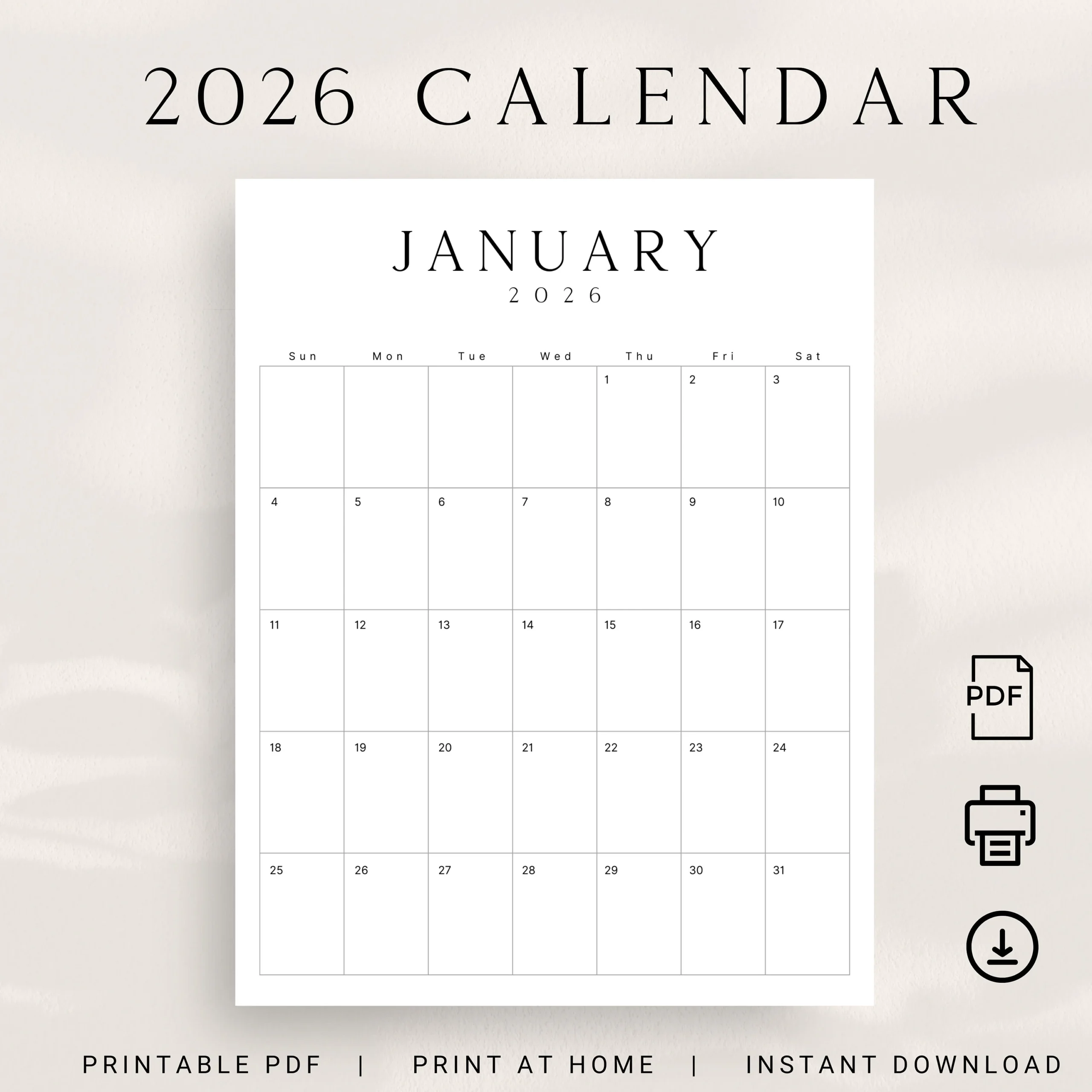 2026 Printable Portrait Monthly Calendar