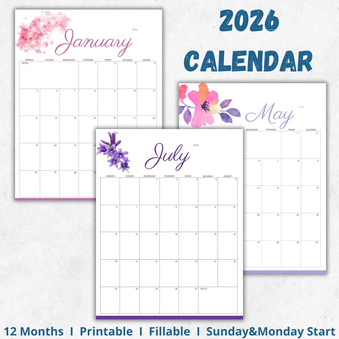 A5 Floral Calendar 2026 Printable