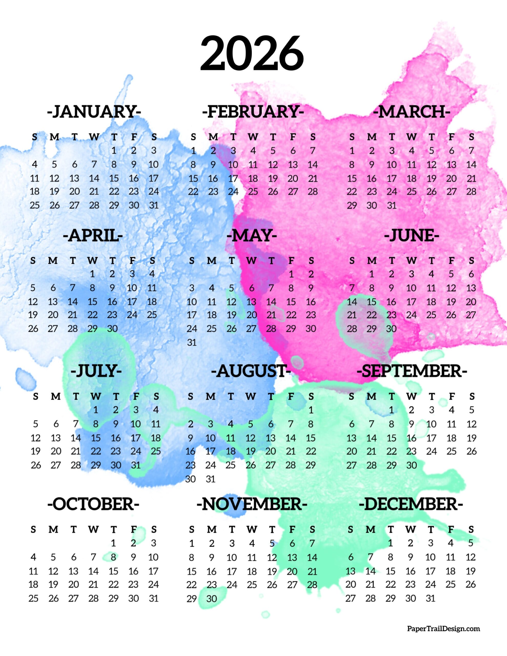 Watercolor Calendar 2026 Printable