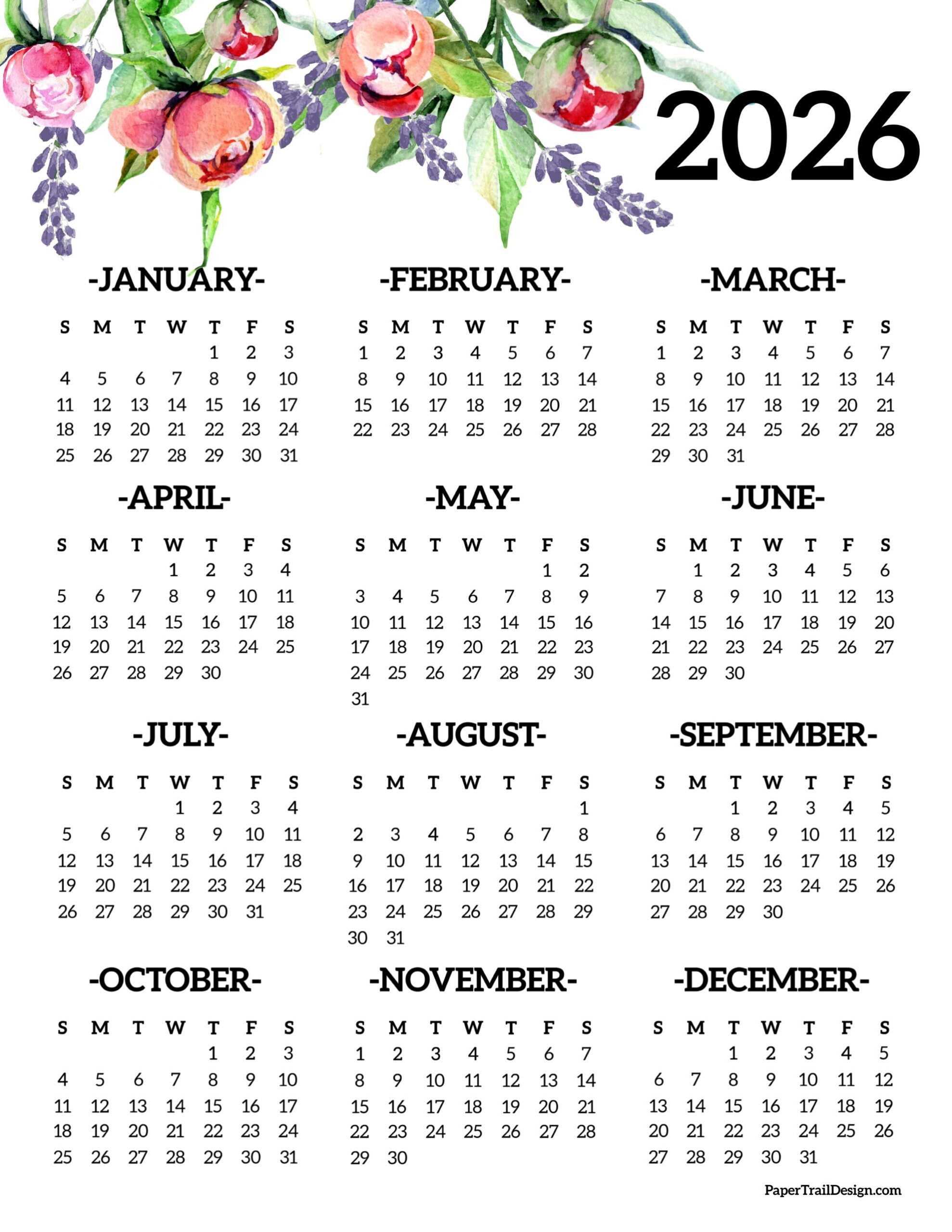 Free Printable 2026 Floral Calendar