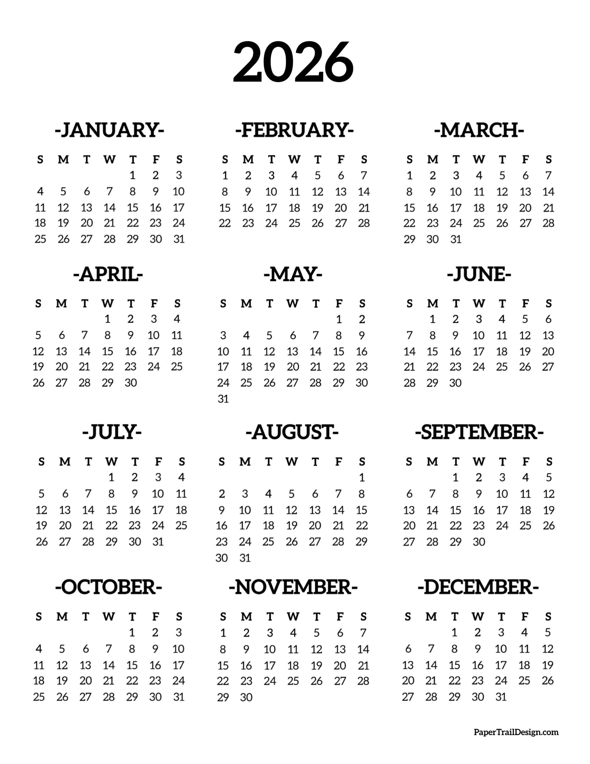 Printable Small Annual Calendars 2026