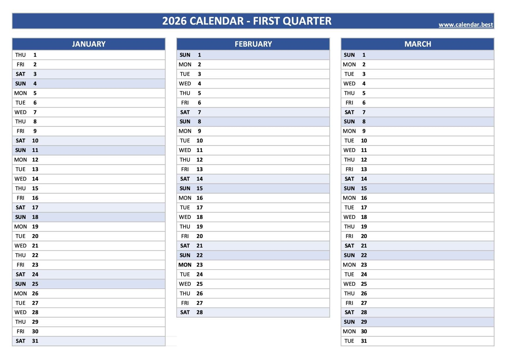 2026 Quarterly Calendar To Print