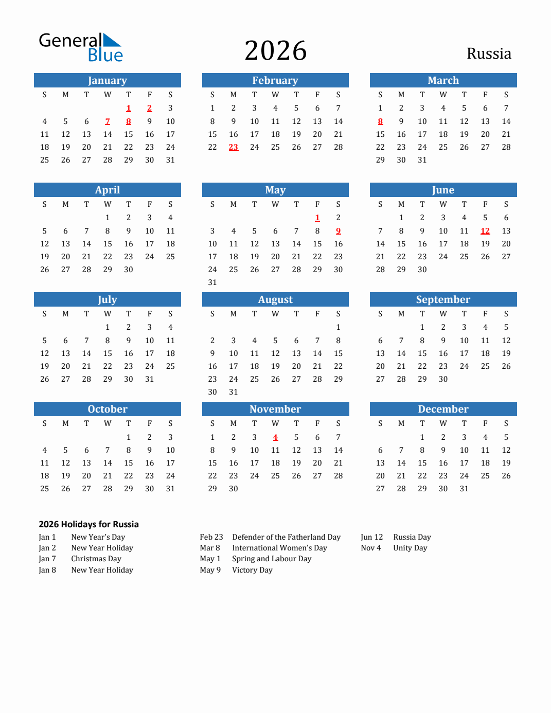 Calendar Russia 2026 Printable