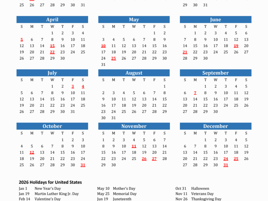 2026 United States Calendar With Holidays
