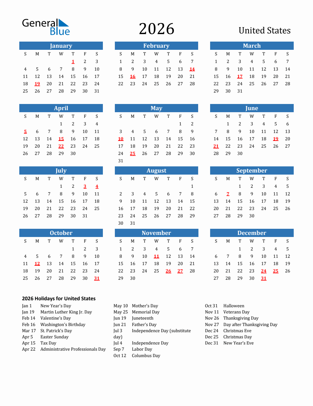 2026 United States Calendar With Holidays