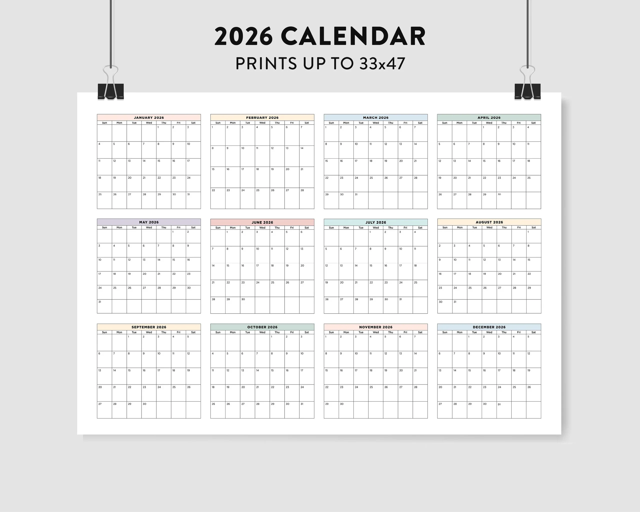 Large Box Printable Calendar 2026