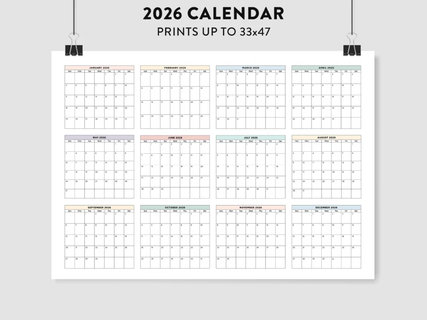 2026 Wall Calendar 2026 Large Printable Calendar 2026 Pastel Calendar 2026 Calendar Landscape 2026 Monthly Calendar Big Wall Planner Etsy